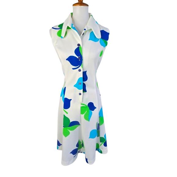 60s Mod Retro Collared Dress Blue Green Turquoise Vintage House Wife Size 18 - Picture 8 of 15